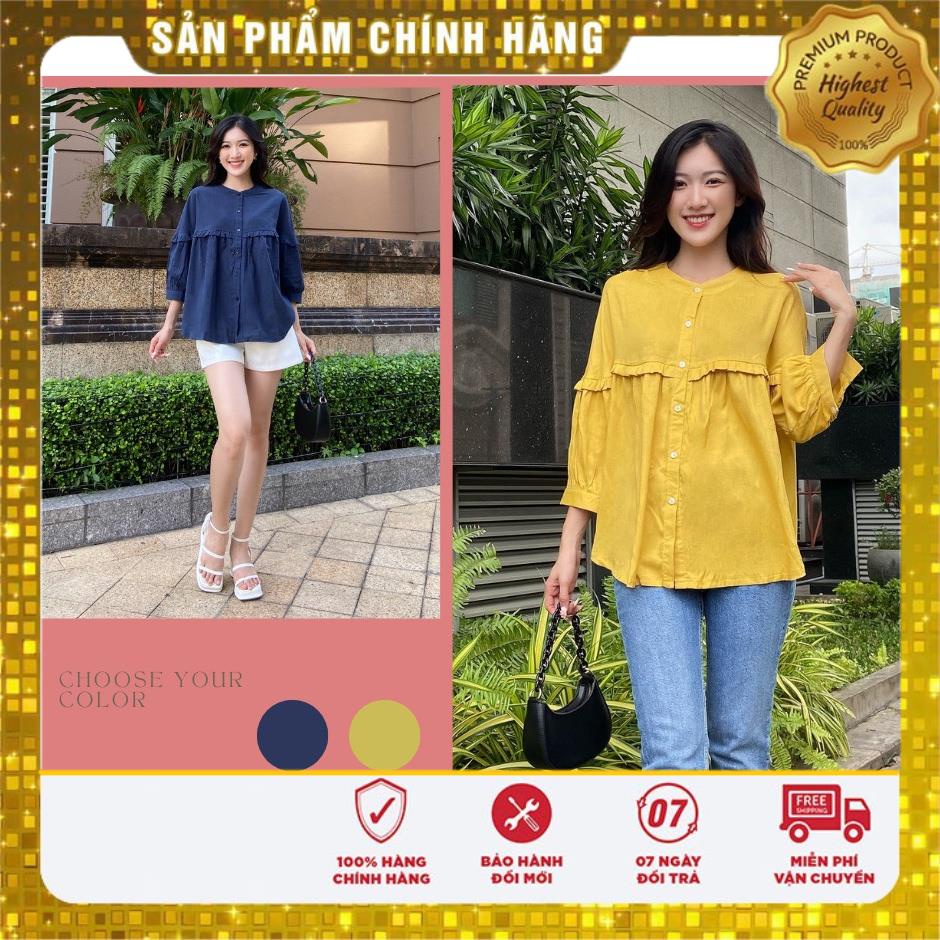 Áo kiểu nữ phối bèo Vàng/ Xanh Navy - Lovadova 22B08C002