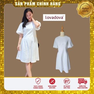 Đầm trắng xòe cổ tròn tay lỡ nhún thun - Lovadova 23D06C002