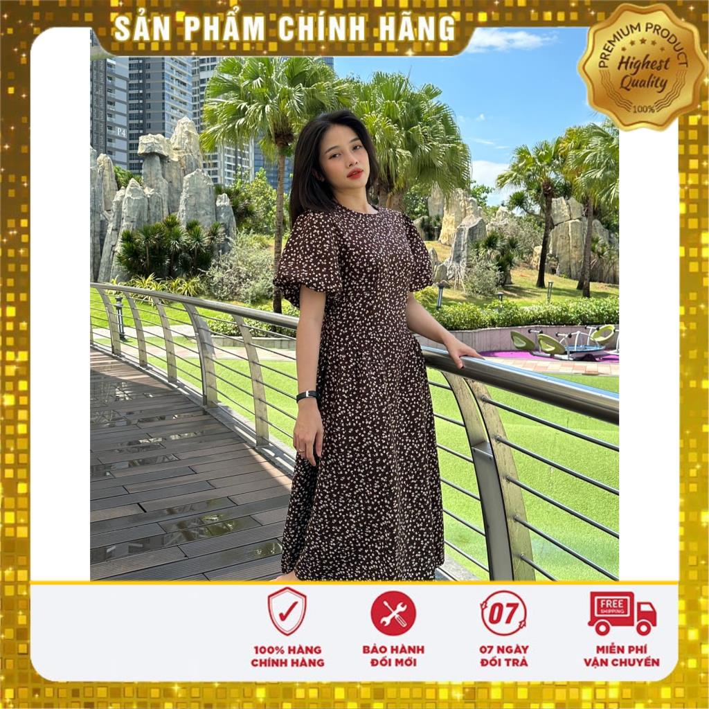 Đầm nhung dáng xòe cổ tròn tà xếp ly, tay phồng nhún thun, hoa nhí - Lovadova 23D07C002