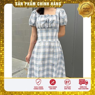 Đầm xòe vải kate cổ vuông sọc caro xanh - Lovadova 23D04C001