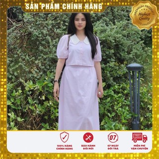 Set áo sơ mi chân váy sọc hồng cổ sơ mi - Lovadova 23O06C002
