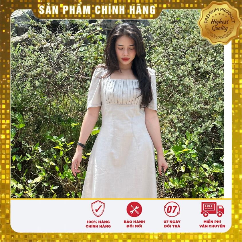 Đầm Linen xám cổ vuông xếp ly ngực phối dây lưng - Lovadova 23D05C003