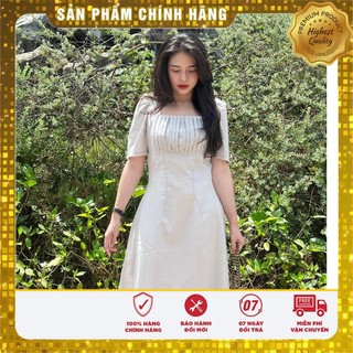 Đầm Linen xám cổ vuông xếp ly ngực phối dây lưng - Lovadova 23D05C003