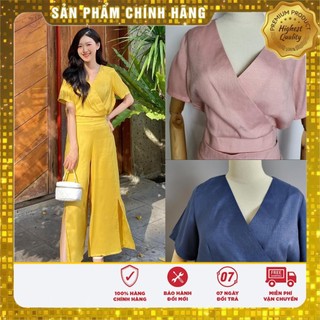 Bộ Set Linen Áo Nữ Ngực Đắp Chéo kèm Quần Xẻ Tà Màu Xanh Dương Đậm / Hồng - Lovadova 22O04C001