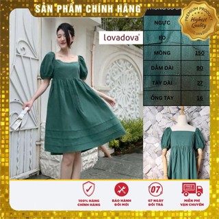Đầm xanh két ( xanh cổ vịt ) cổ vuông tay nhún thun - Lovadova 23D03C002