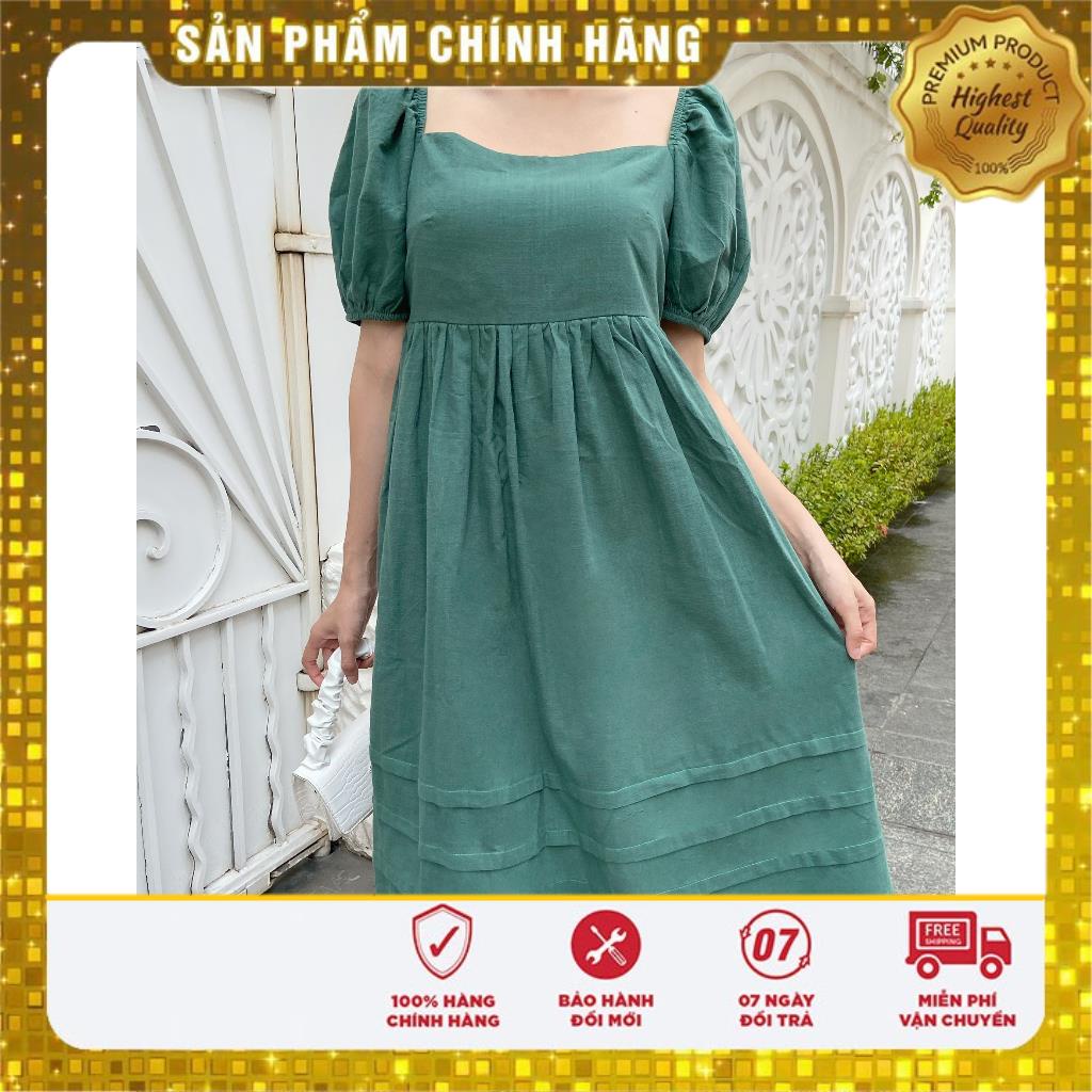 Đầm xanh két ( xanh cổ vịt ) cổ vuông tay nhún thun - Lovadova 23D03C002