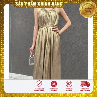 Đầm maxi polyester Gold bóng 2 lớp, cổ yếm Lovadova phối dây buộc eo - 23D07C001