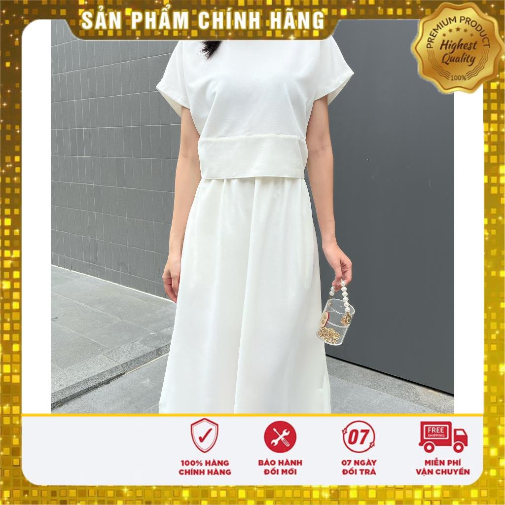 Bộ set voan cát gồm áo kiểu cột nơ kèm chân váy xòe màu trắng - Lovadova 23O06C001