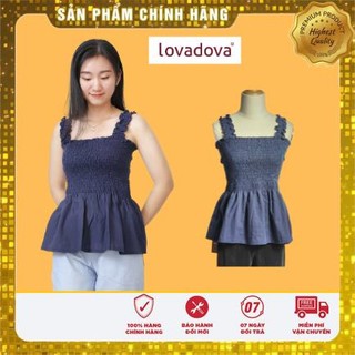Áo 2 dây thiết kế màu navy, thân nhún thun chỉ đuôi xếp ly linen bèo xòe - Lovadova 23B04C001