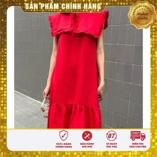Đầm đỏ sát nách cổ đắp phối bèo bản lớn cùng dây kéo sau lưng - Lovadova 23D05C001