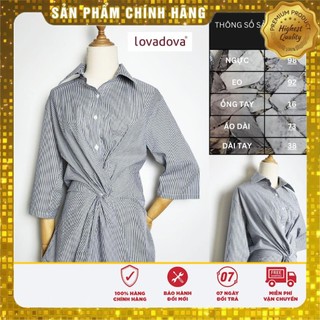 Áo Sơ Mi Kiểu, Cách Điệu Nhún Eo, Màu Sọc Xanh Đen - Lovadova 21B10C007