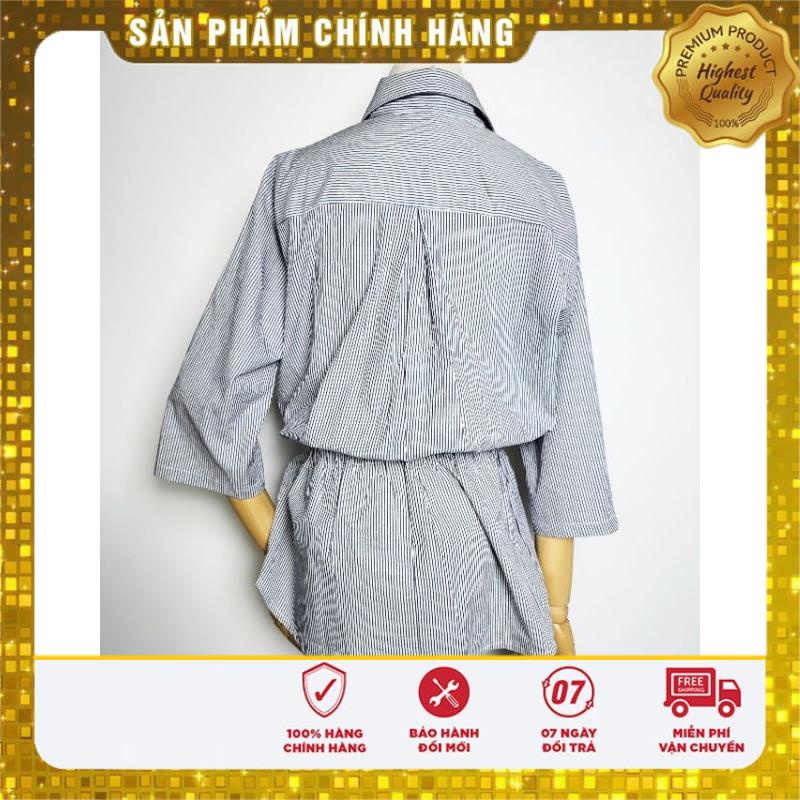 Áo Sơ Mi Kiểu, Cách Điệu Nhún Eo, Màu Sọc Xanh Đen - Lovadova 21B10C007