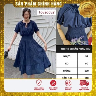 Đầm Dáng Suông, Dài Tay, Cách Điệu Tay Đầm Bèo, Tà Xếp Tầng, Eo Bản Thun, Màu Xanh Đen - Lovadova 22D05C001