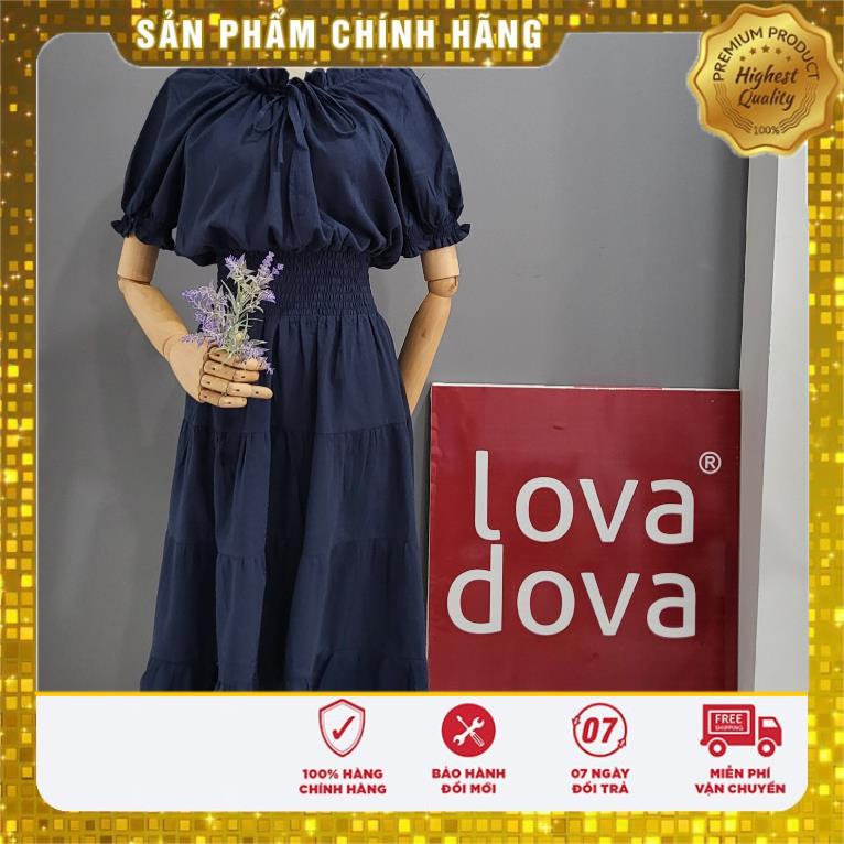 Đầm Dáng Suông, Dài Tay, Cách Điệu Tay Đầm Bèo, Tà Xếp Tầng, Eo Bản Thun, Màu Xanh Đen - Lovadova 22D05C001