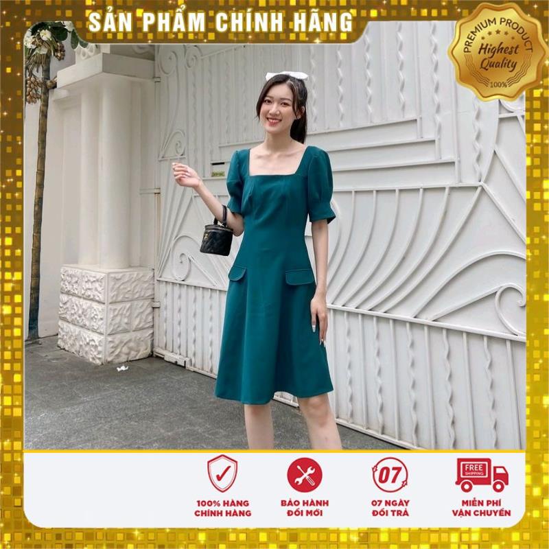 Đầm Dáng Suông, Tay Ngắn, Cách Điệu, Tay Bèo, Có Hai Túi, Khóa Kéo Sau, Màu Xanh - Lovadova 22D04C003