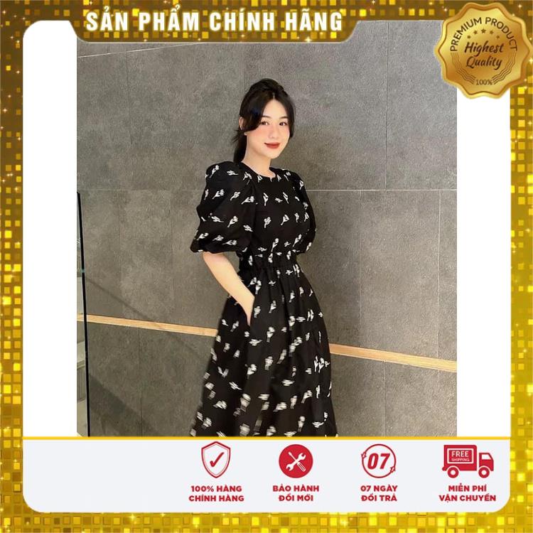 Đầm xòe cổ tròn họa tiết tay nhún - Lovadova 23D03C008