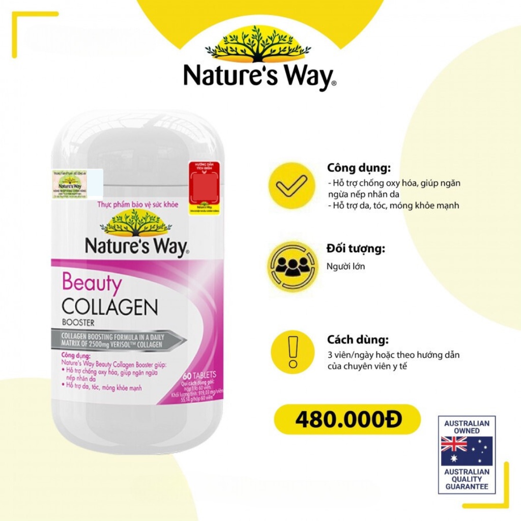 Viên Uống Collagen Nature’s Way Beauty Collagen Booster Bổ Sung Collagen Chống Oxy Hóa, Giảm Nếp Nhăn, Đẹp Da Hộp 60v