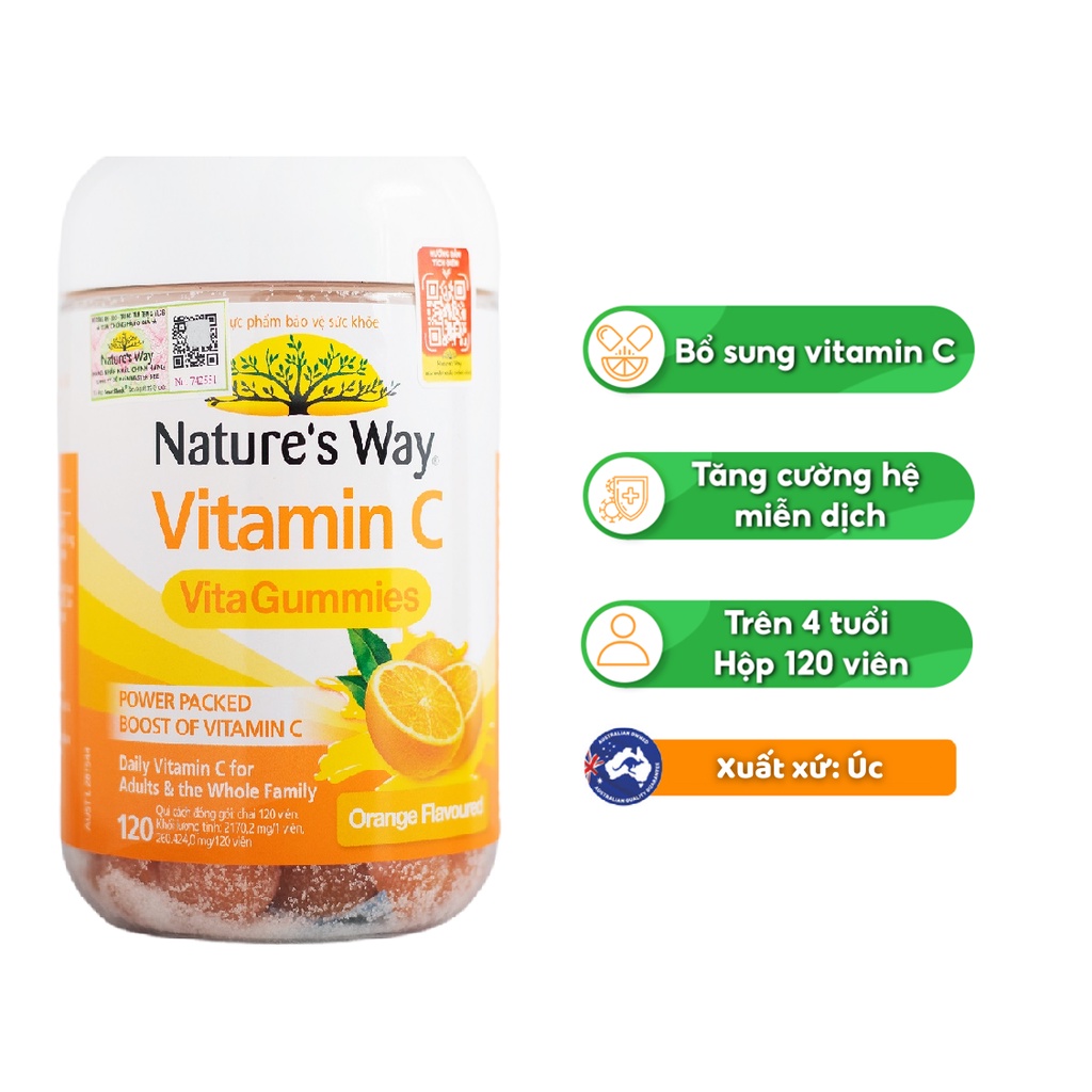 Kẹo Dẻo Vitamin C Nature's way Vitamin C Vita Gummies Giúp Bổ Sung Vitamin C Tăng Cường Và Duy Trì Sức Đề Kháng 120v/h