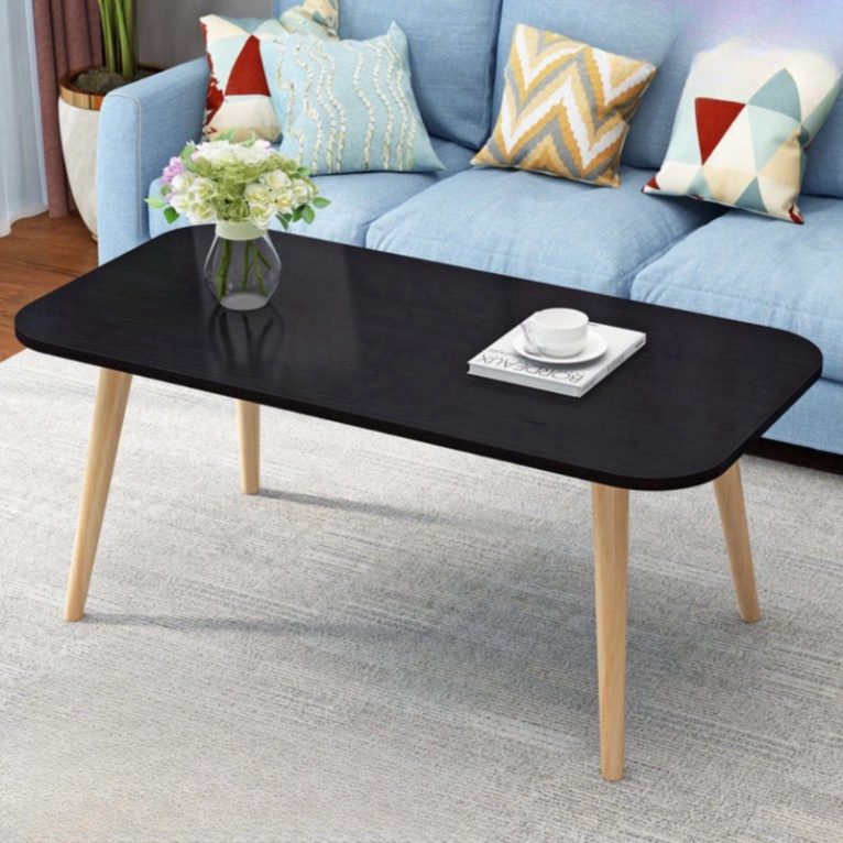 Bàn trà sofa chữ nhật chân gỗ tự nhiên chắc chắn, Bàn cafe chữ nhật mặt bàn bo góc cua mềm mại