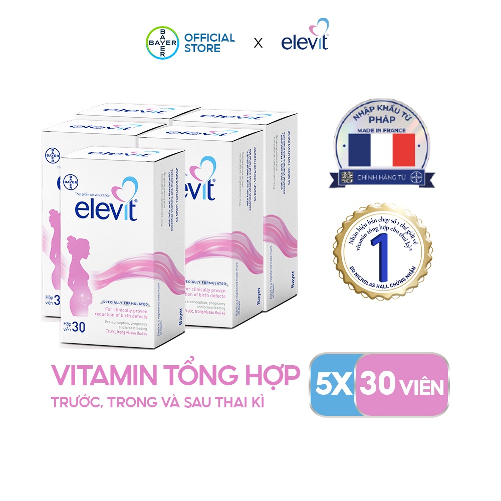 Bộ 5 Hộp Vitamin Bầu Tổng Hợp Elevit Cho Phụ Nữ Trước, Trong và Sau Thai Kỳ (30 Viên/ Hộp)