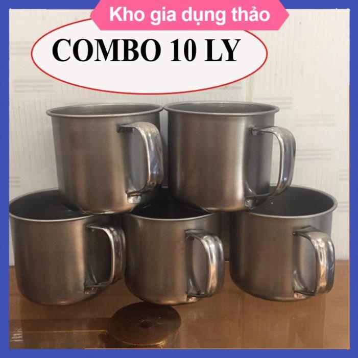 Combo 10 Ly inox có quai uống nước. Ca làm đá có quai bằng inox