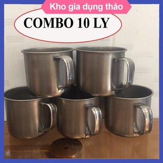 Combo 10 Ly inox có quai uống nước. Ca làm đá có quai bằng inox