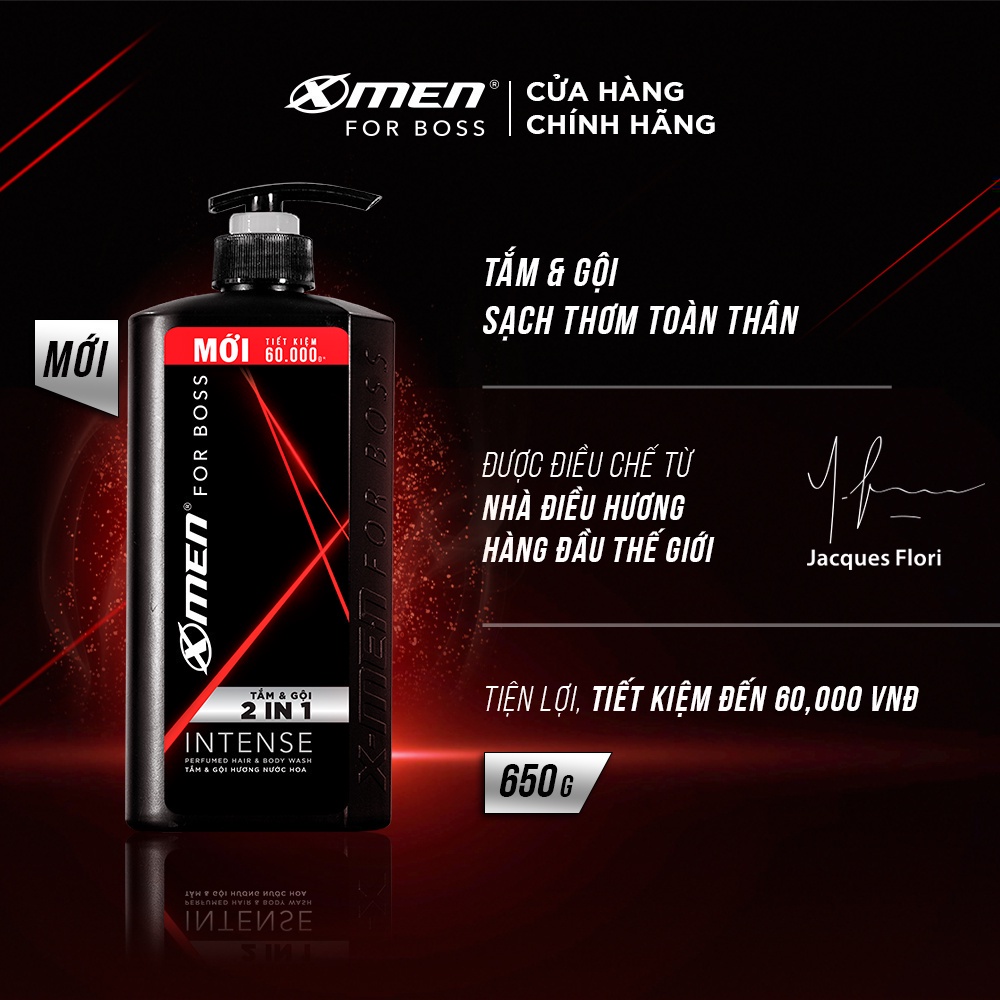 Combo Tắm Gội X-Men for Boss Intense 2IN1 650g và Dầu gội nước hoa Intense 150g