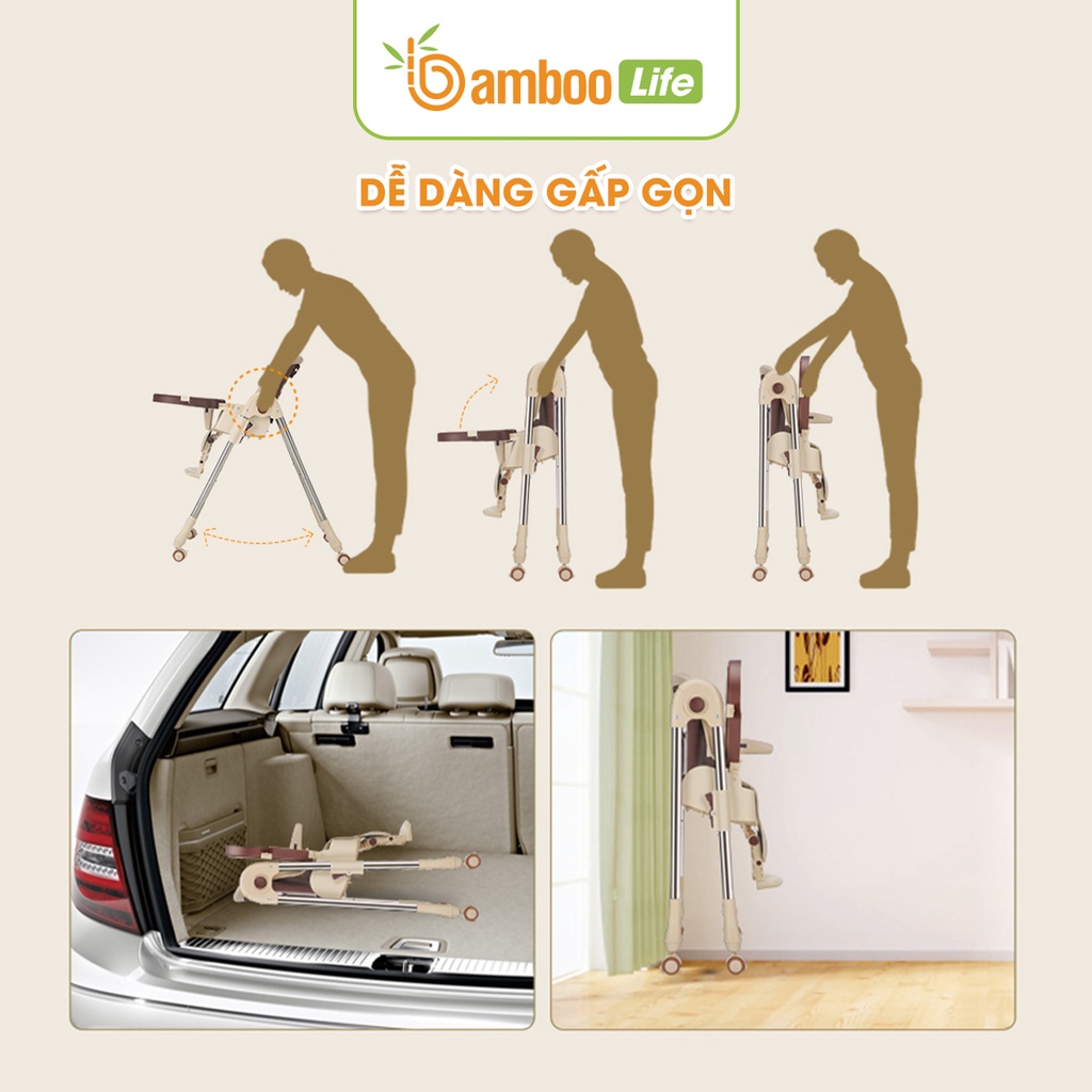 Ghế ăn dặm cho bé Bamboo Life đa năng có thể gấp gọn, thay đổi độ cao tiện lợi dùng ở nhà, mang đi du lịch