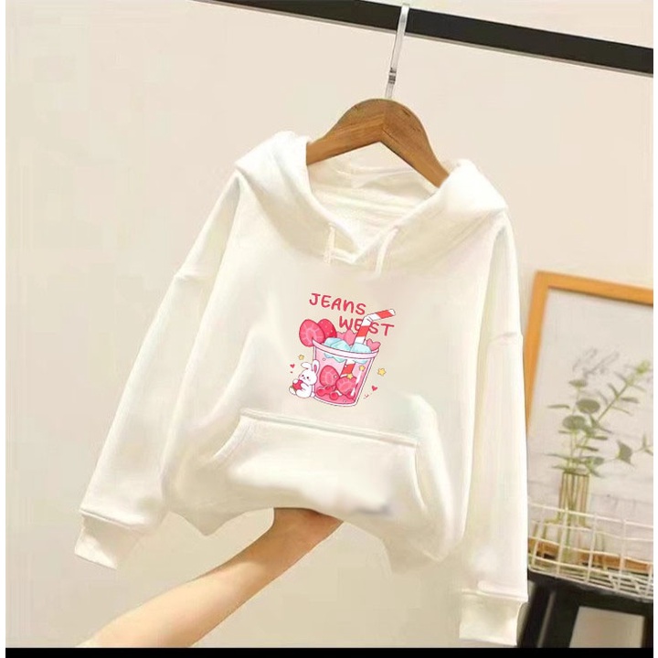 Áo hoodie gấu sinh tố dâu cho bé gái phom rộng chất nỉ size từ 9 đến 65kg