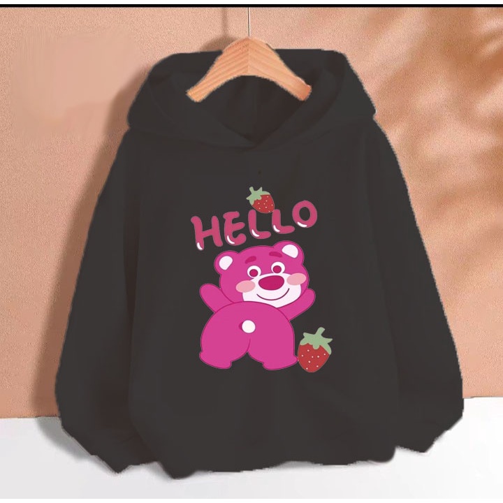 Áo hoodie gấu dâu hồng hello cho bé gái phom rộng chất nỉ size từ 9 đến 65kg