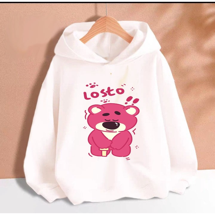 Áo hoodie gấu dâu hồng buồn cho bé gái phom rộng chất nỉ size từ 9 đến 65kg