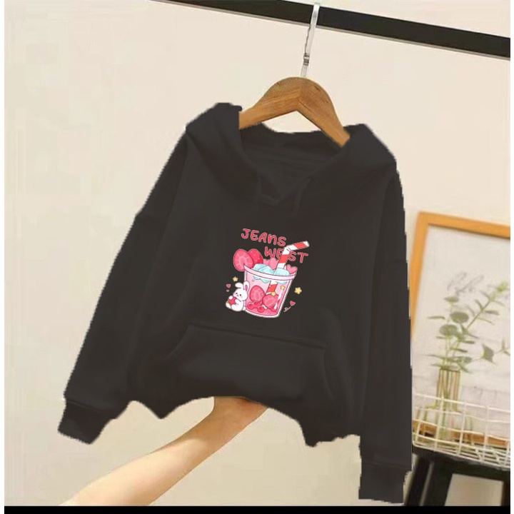 Áo hoodie gấu sinh tố dâu cho bé gái phom rộng chất nỉ size từ 9 đến 65kg