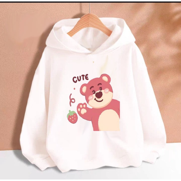 Áo hoodie gấu dâu hồng vẫy tay cho bé gái phom rộng chất nỉ size từ 9 đến 65kg