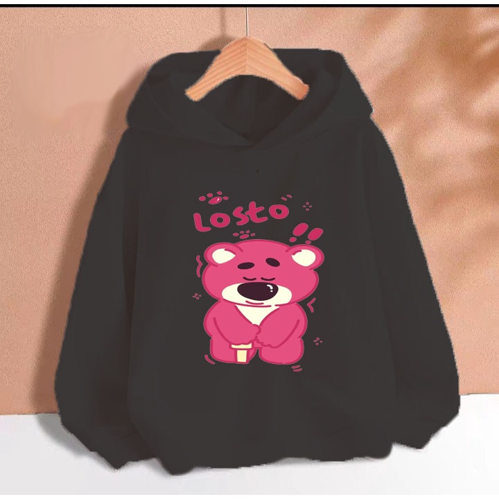 Áo hoodie gấu dâu hồng buồn cho bé gái phom rộng chất nỉ size từ 9 đến 65kg