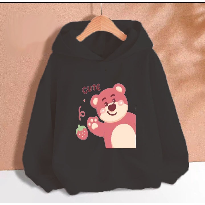 Áo hoodie gấu dâu hồng vẫy tay cho bé gái phom rộng chất nỉ size từ 9 đến 65kg