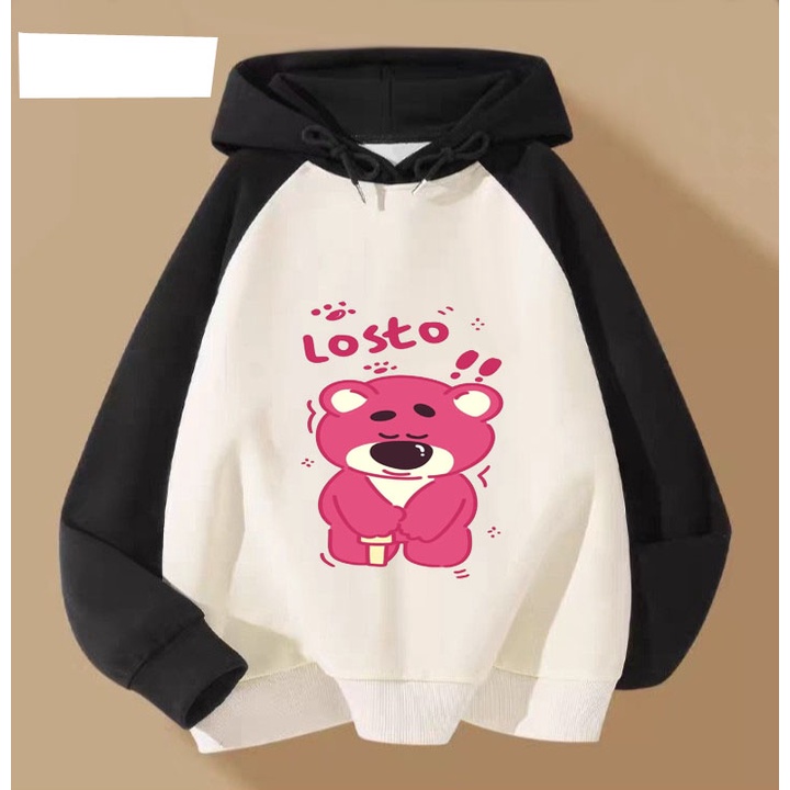 Áo hoodie gấu dâu hồng buồn cho bé gái phom rộng chất nỉ size từ 9 đến 65kg