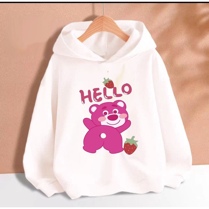 Áo hoodie gấu dâu hồng hello cho bé gái phom rộng chất nỉ size từ 9 đến 65kg