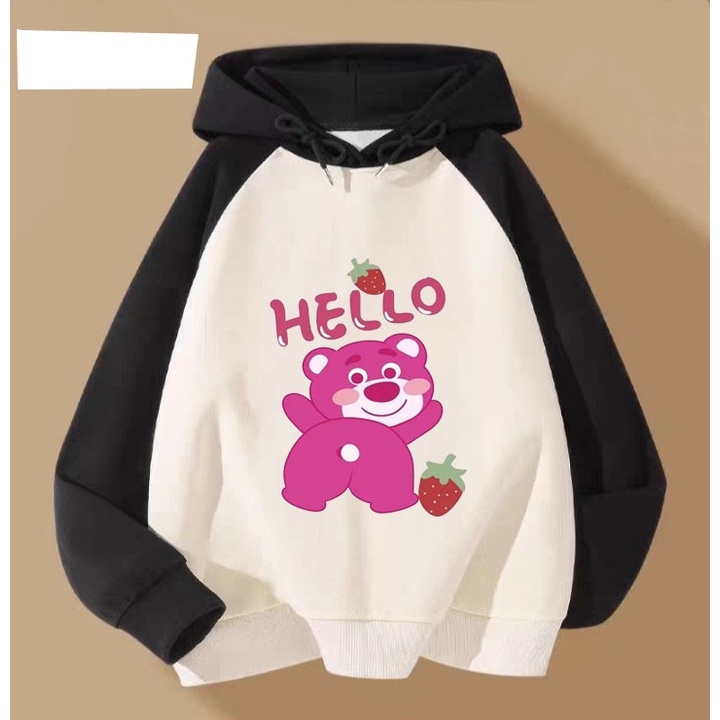 Áo hoodie gấu dâu hồng hello cho bé gái phom rộng chất nỉ size từ 9 đến 65kg