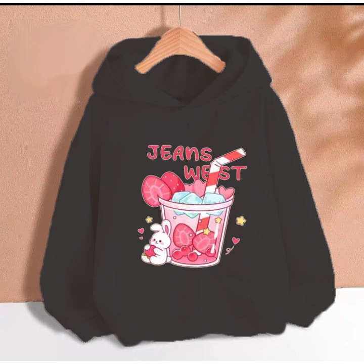Áo hoodie gấu sinh tố dâu cho bé gái phom rộng chất nỉ size từ 9 đến 65kg