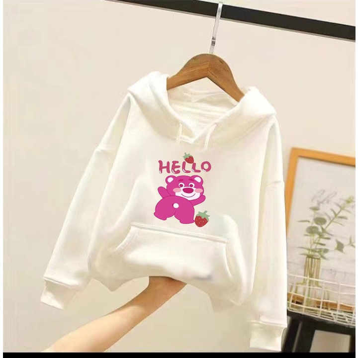 Áo hoodie gấu dâu hồng hello cho bé gái phom rộng chất nỉ size từ 9 đến 65kg