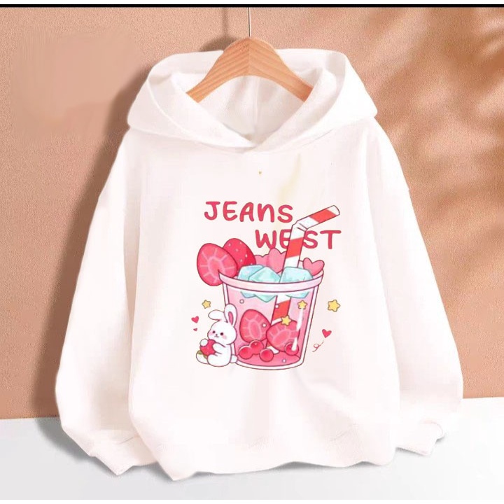 Áo hoodie gấu sinh tố dâu cho bé gái phom rộng chất nỉ size từ 9 đến 65kg