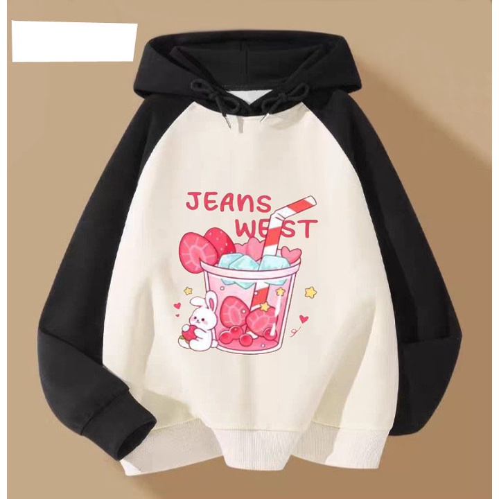 Áo hoodie gấu sinh tố dâu cho bé gái phom rộng chất nỉ size từ 9 đến 65kg