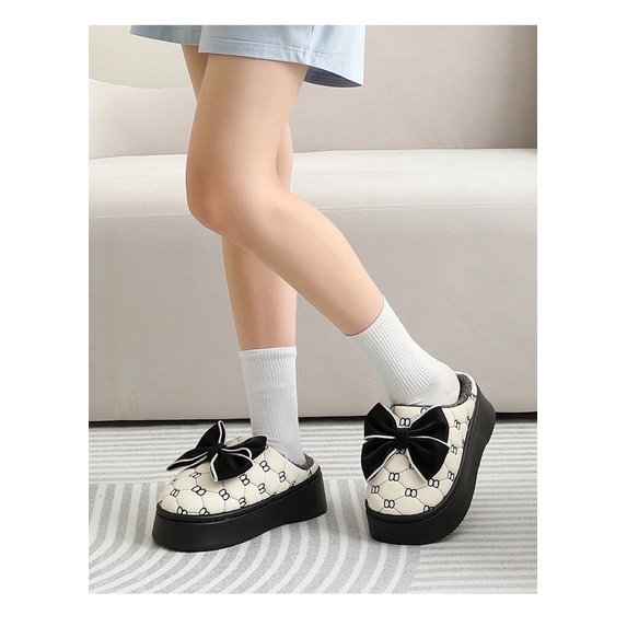 Dép nữ lót lông cừu hoạ tiết hình nơ, sục nữ chất liệu da cao 3-4cm phong cách tiểu thư