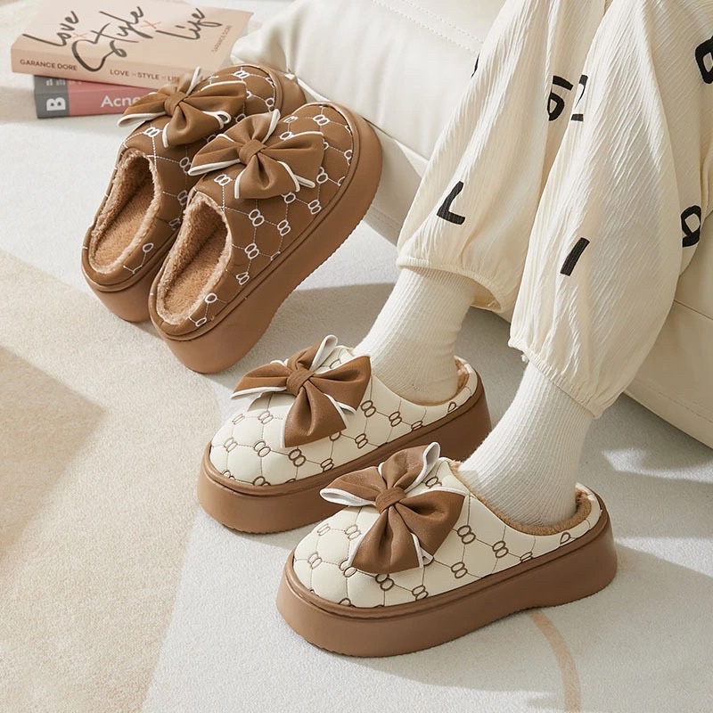 Dép nữ lót lông cừu hoạ tiết hình nơ, sục nữ chất liệu da cao 3-4cm phong cách tiểu thư