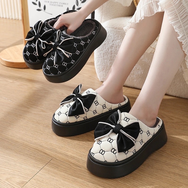 Dép nữ lót lông cừu hoạ tiết hình nơ, sục nữ chất liệu da cao 3-4cm phong cách tiểu thư