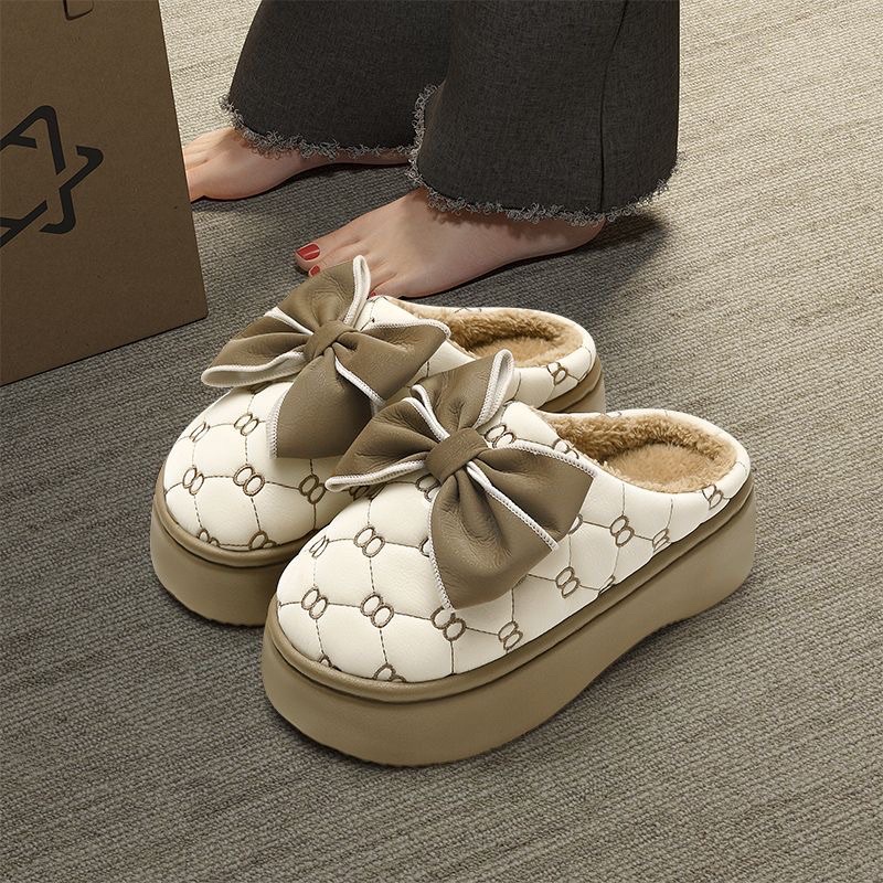 Dép nữ lót lông cừu hoạ tiết hình nơ, sục nữ chất liệu da cao 3-4cm phong cách tiểu thư