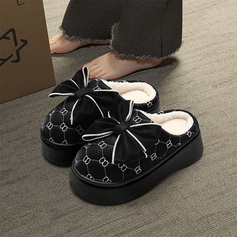 Dép nữ lót lông cừu hoạ tiết hình nơ, sục nữ chất liệu da cao 3-4cm phong cách tiểu thư