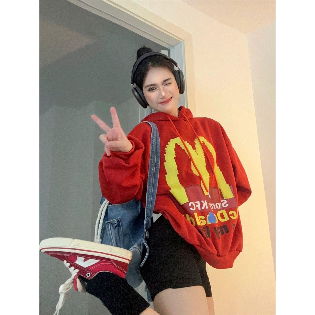 Áo Hoodie cotton Dáng Rộng In Hình Vui Nhộn Phong Cách Đường Phố Cho Nữ