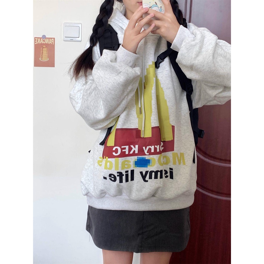 Áo Hoodie cotton Dáng Rộng In Hình Vui Nhộn Phong Cách Đường Phố Cho Nữ