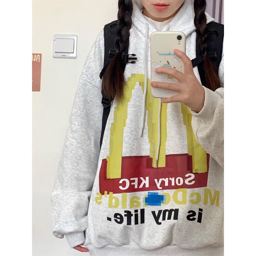 Áo Hoodie cotton Dáng Rộng In Hình Vui Nhộn Phong Cách Đường Phố Cho Nữ